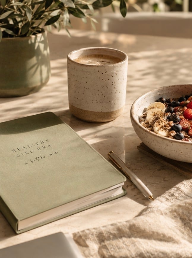 A morning wellness setup with a speckled ceramic mug, open journal, and bowl of granola with berries on a sunlit surface