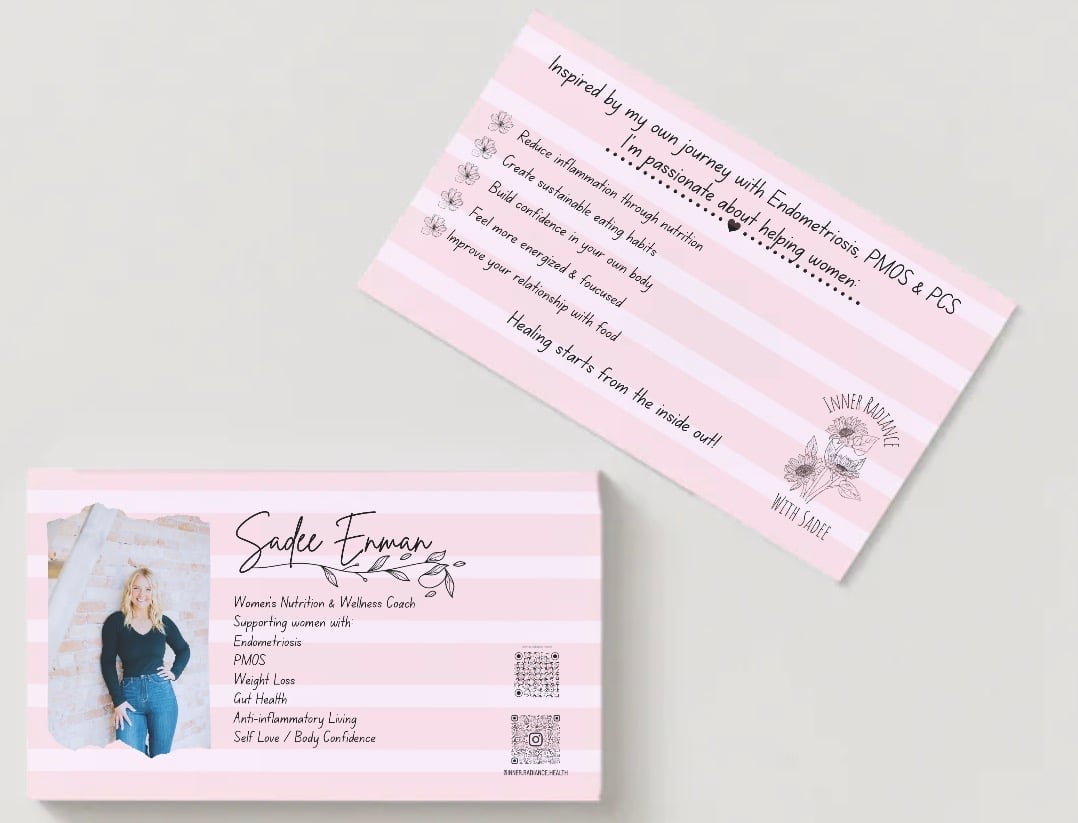 Pink business cards with photo and text showing Sadee Enman, nutrition and wellness coach, with contact details and QR codes